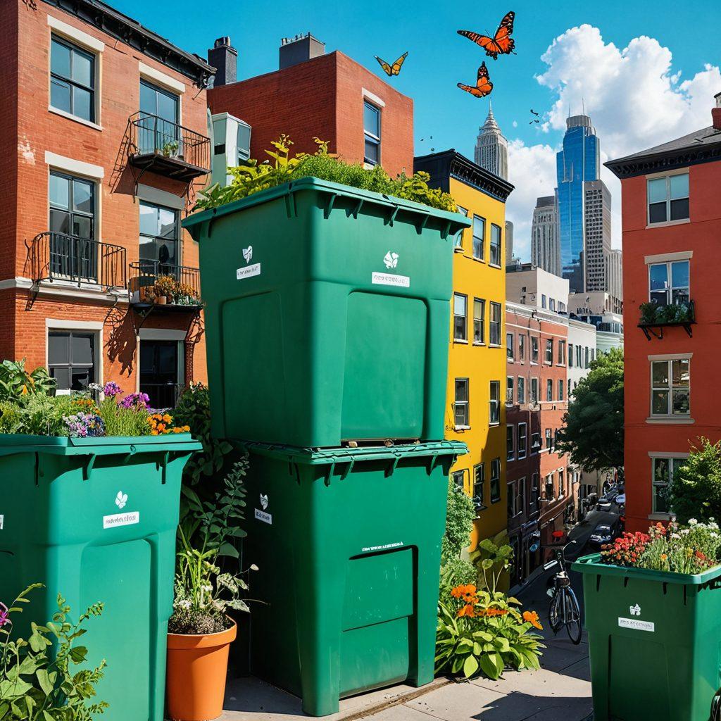 A vibrant collage showcasing a green cityscape with lush rooftop gardens, diverse wildlife, and people engaging in eco-friendly activities like composting and planting trees. Integrate elements of waste reduction, like recycling bins and upcycled materials in art, to emphasize practical green practices. The scene should be lively, filled with color, and a sense of community. super-realistic. vibrant colors. 3D.