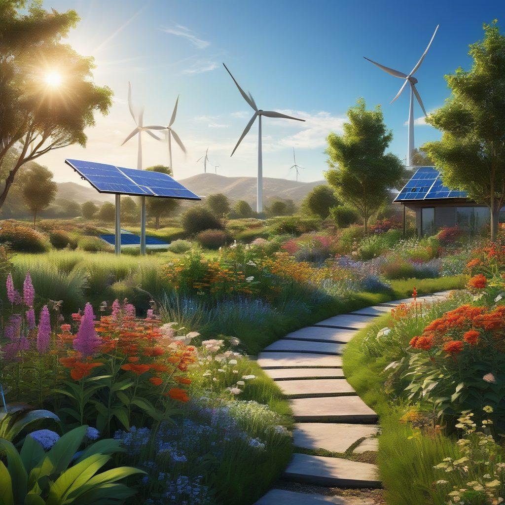 A lush green landscape featuring solar panels and wind turbines harmoniously integrated into the environment, with diverse flora and a clear blue sky. A group of diverse individuals collaborate on a sustainable project, showcasing innovation and teamwork. In the foreground, a vibrant garden filled with native plants and butterflies. super-realistic. vibrant colors. bright and inviting.