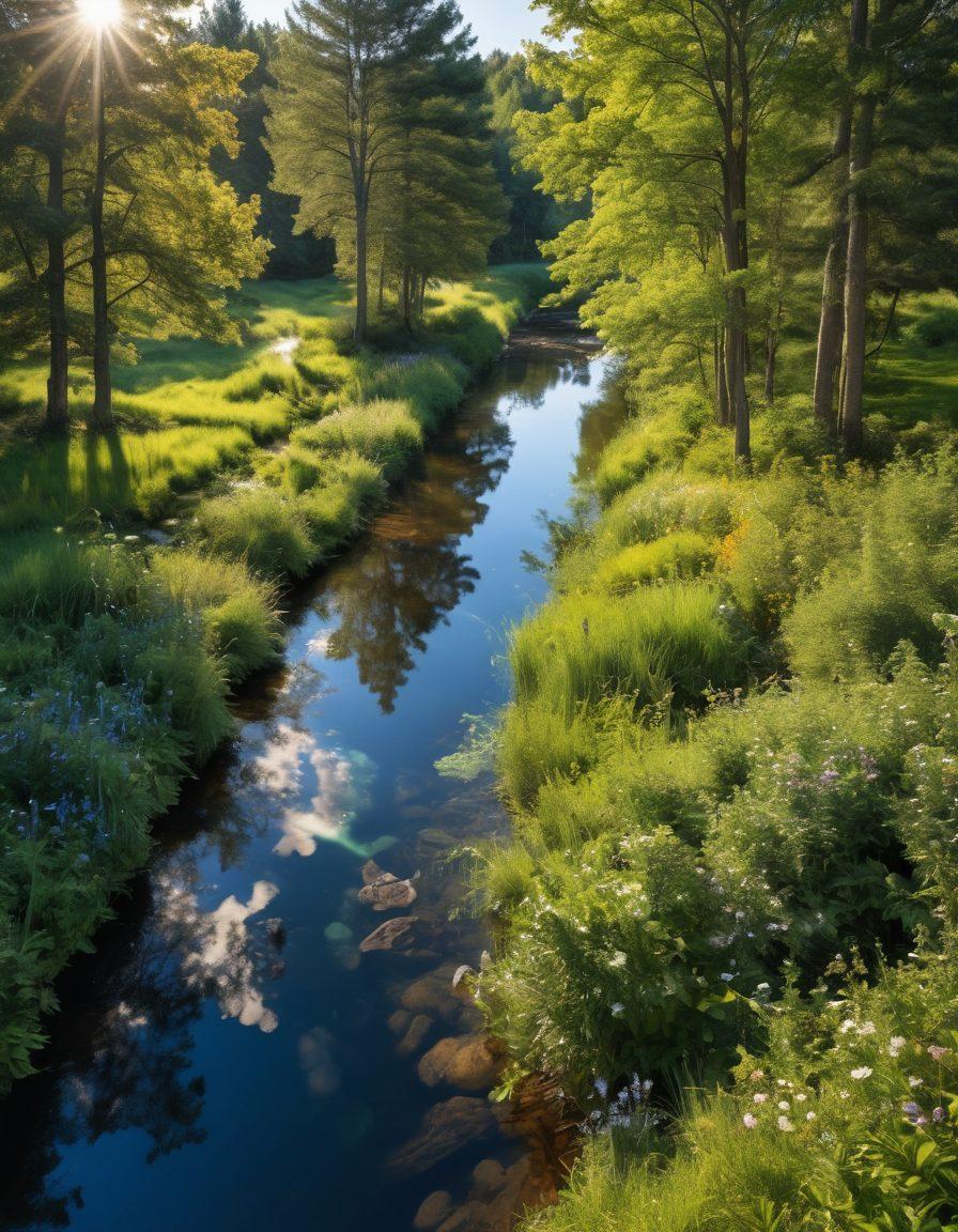 A serene landscape depicting lush green forests, clear blue skies, and a flowing river, symbolizing nature's harmony. Include diverse people engaging in sustainable practices, such as recycling, planting trees, and using solar panels on their homes. Vibrant elements like blooming flowers and wildlife should enhance the scene, emphasizing a connection to the earth. Bright sunlight filtering through the trees casts playful shadows. super-realistic. vibrant colors.